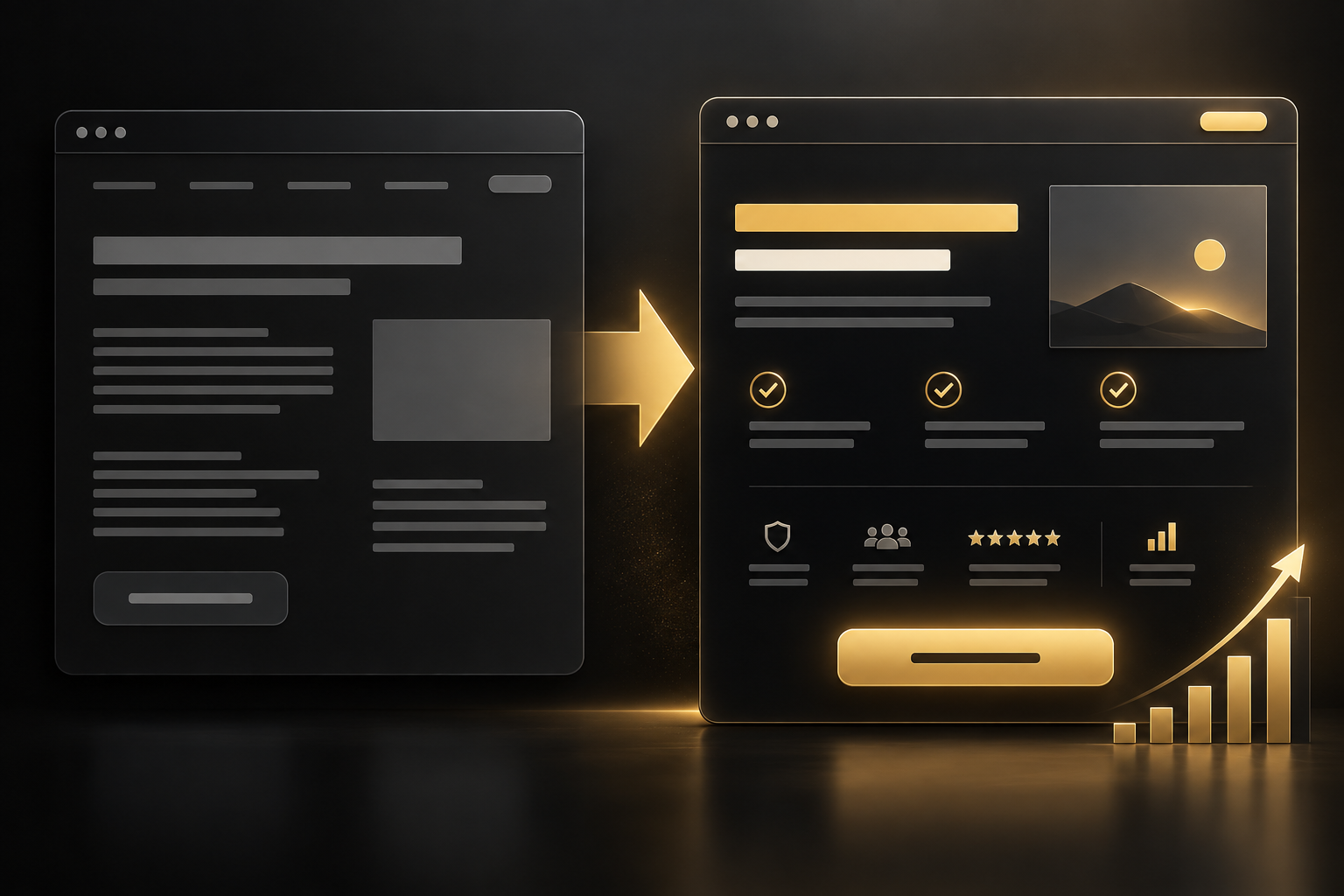 Before and after website copy transformation from generic text to clear benefits proof and conversion-focused call to action