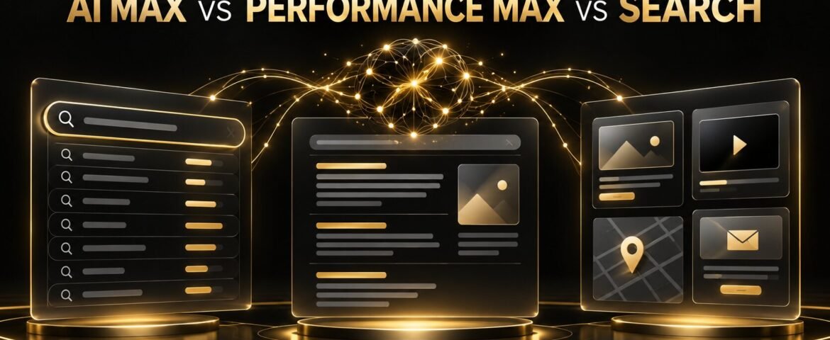 AI Max, Performance Max and Search campaign comparison for Google Ads