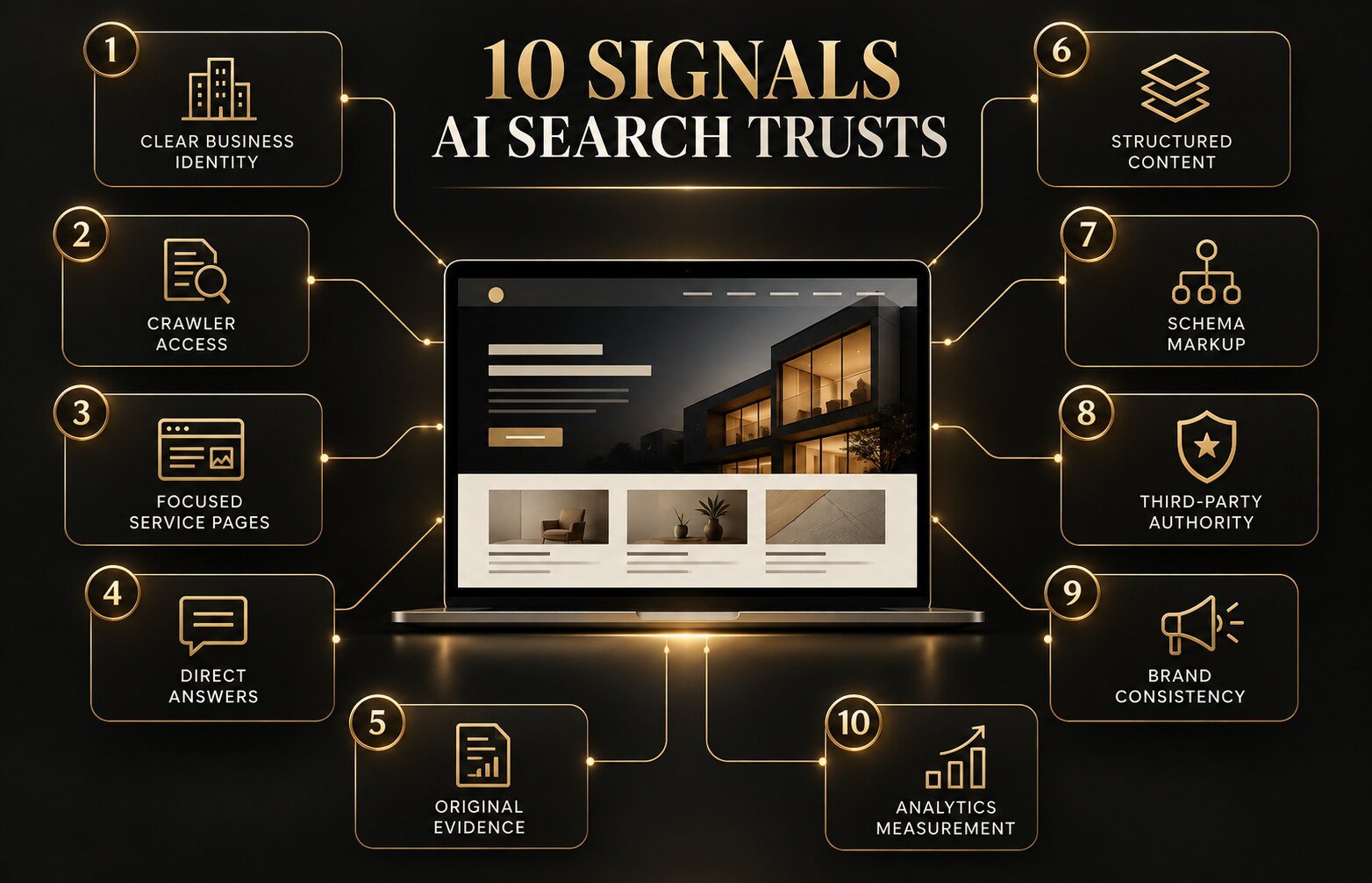 Ten signals AI search systems trust, including crawler access, structured content, schema and authority