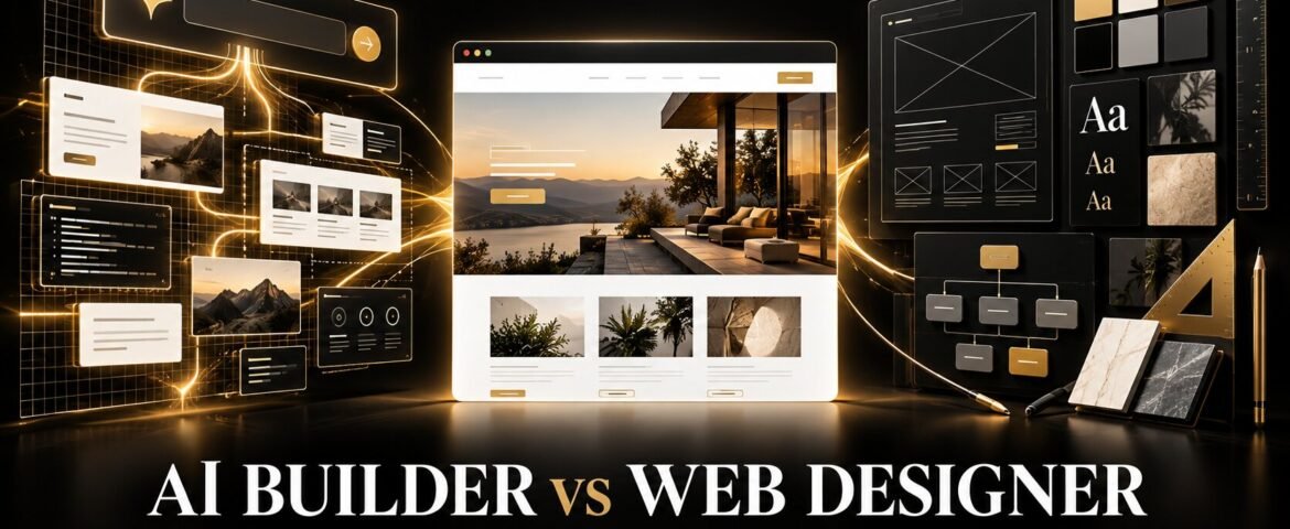 AI website builder interface compared with a professional web designer planning a business website