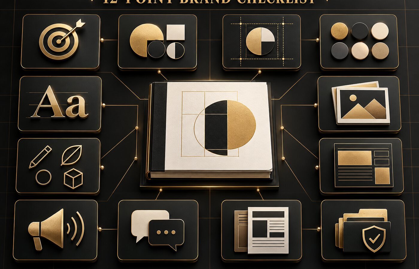 Complete brand style guide checklist showing logo, colours, typography, imagery and voice