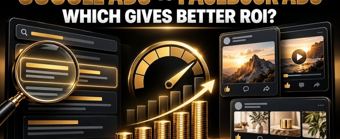 Google Ads versus Facebook Ads comparison with search, social media and ROI visuals