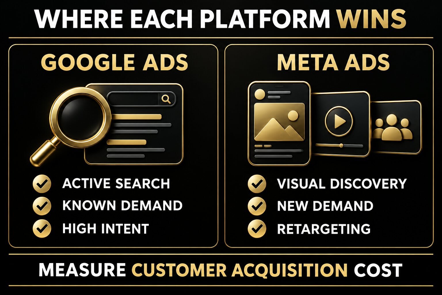 Google Ads and Meta Ads strengths for active search, discovery and retargeting