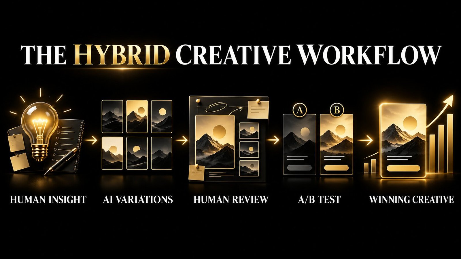 Hybrid ad creative workflow from human insight through AI variations, review and A/B testing