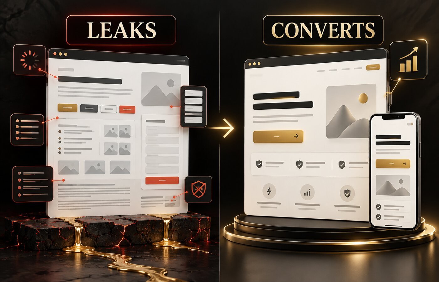 Landing page design mistakes compared with a focused high-converting landing page layout