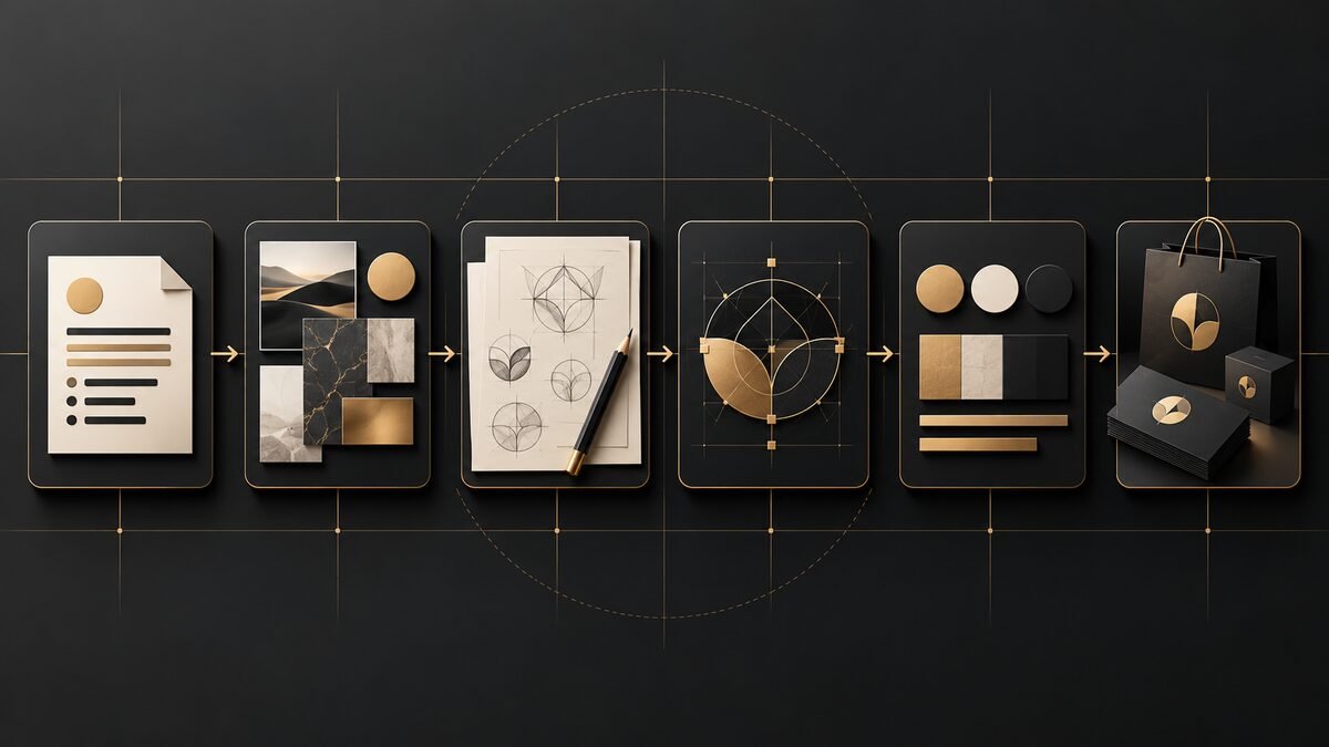 Professional logo design process from client brief and research to final brand applications