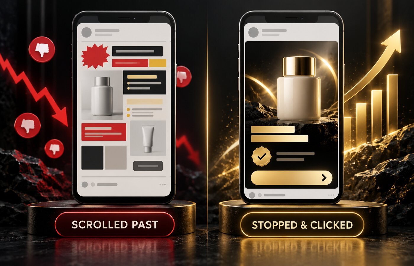Nine elements of a scroll-stopping social media ad design compared with a cluttered ad