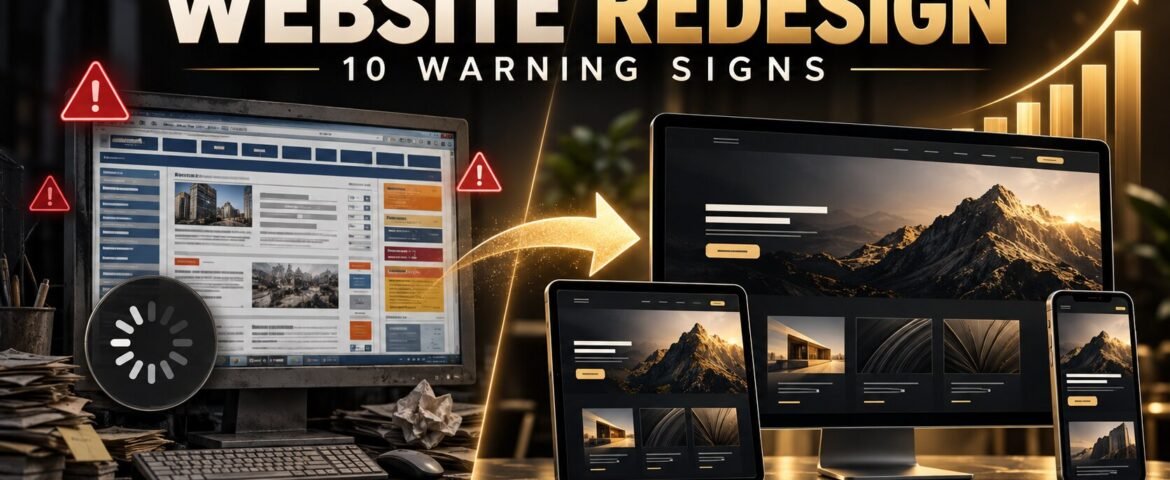 Website redesign checklist showing an outdated site transforming into a modern responsive website