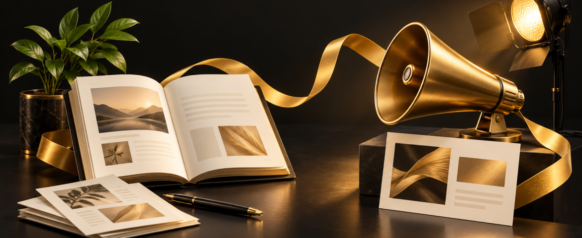 Open editorial journal and gold megaphone representing content marketing vs paid ads for a small business