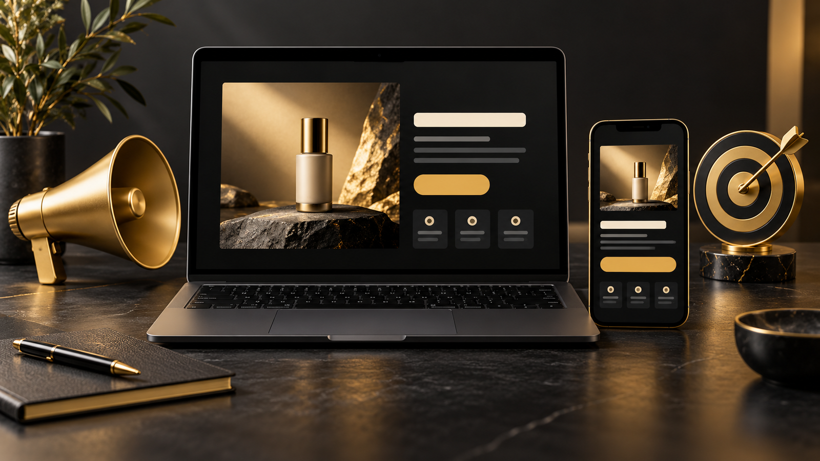 Laptop and mobile landing-page layouts with a gold target and megaphone representing advertising conversion readiness