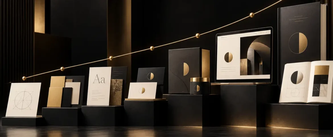 Black and gold brand identity mockups illustrating branding cost for a small business in 2026