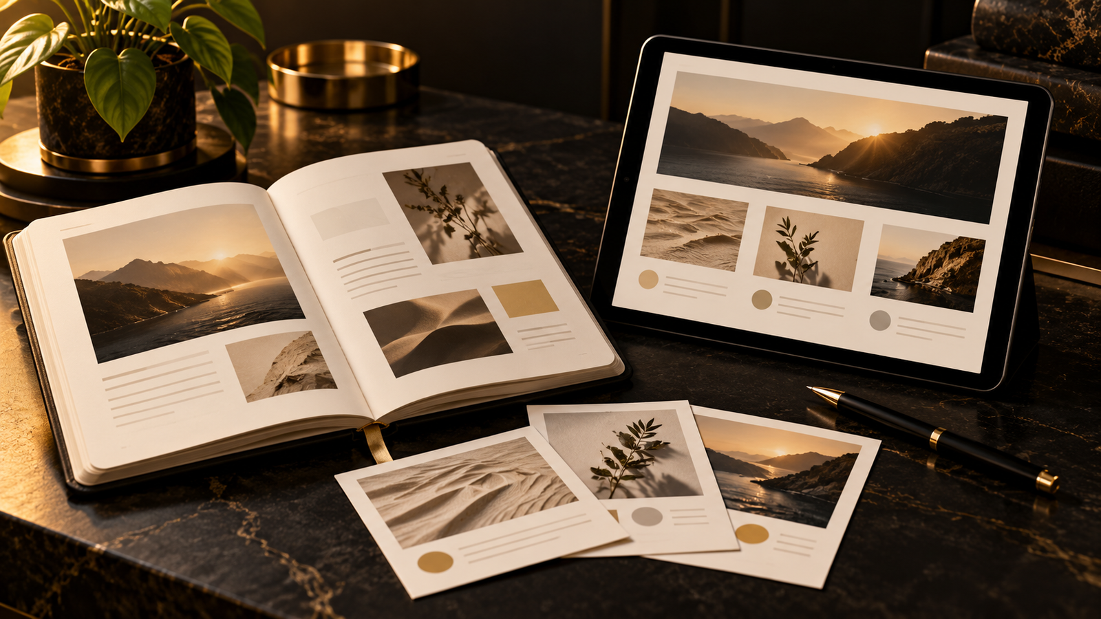 Notebook, tablet and article cards representing a useful content library for a small business